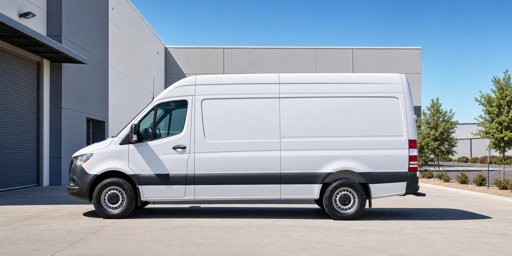 Cargo sprinter van making a delivery on a city street
